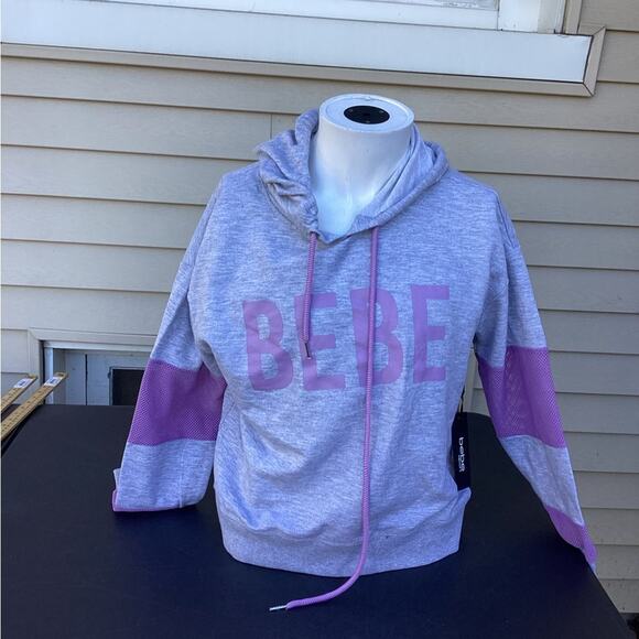 ~Bebe Sport Women Hooded Mesh Sweatshirt Heather Gray Lilac Purple large NWT - Picture 1 of 4
